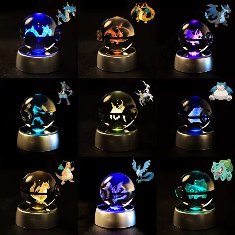 Pokemon Crystal Ball 3D Pikachu Mewtwo Mew Gengar Night Light Lamp Base Pokeball Crystal Pokemon Glass Ball Figure Birthday Gift