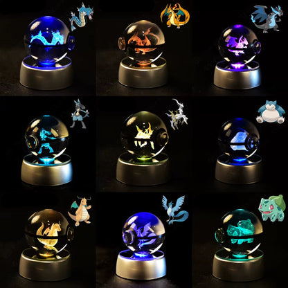 Pokemon Crystal Ball 3D Pikachu Mewtwo Mew Gengar Night Light Lamp Base Pokeball Crystal Pokemon Glass Ball Figure Birthday Gift
