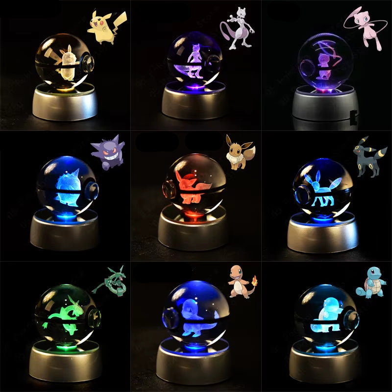Pokemon Crystal Ball 3D Pikachu Mewtwo Mew Gengar Night Light Lamp Base Pokeball Crystal Pokemon Glass Ball Figure Birthday Gift