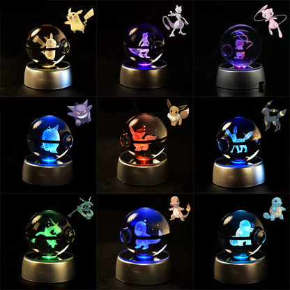 Pokemon Crystal Ball 3D Pikachu Mewtwo Mew Gengar Night Light Lamp Base Pokeball Crystal Pokemon Glass Ball Figure Birthday Gift